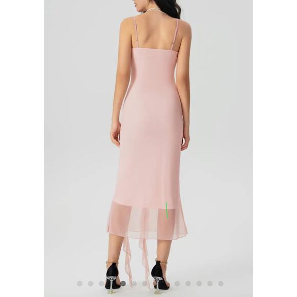 Pink Mesh Ruffle Hem Ruched Midi Dress by Cider | XS | Y2K Party Vibes | NWT - Picture 6 of 11